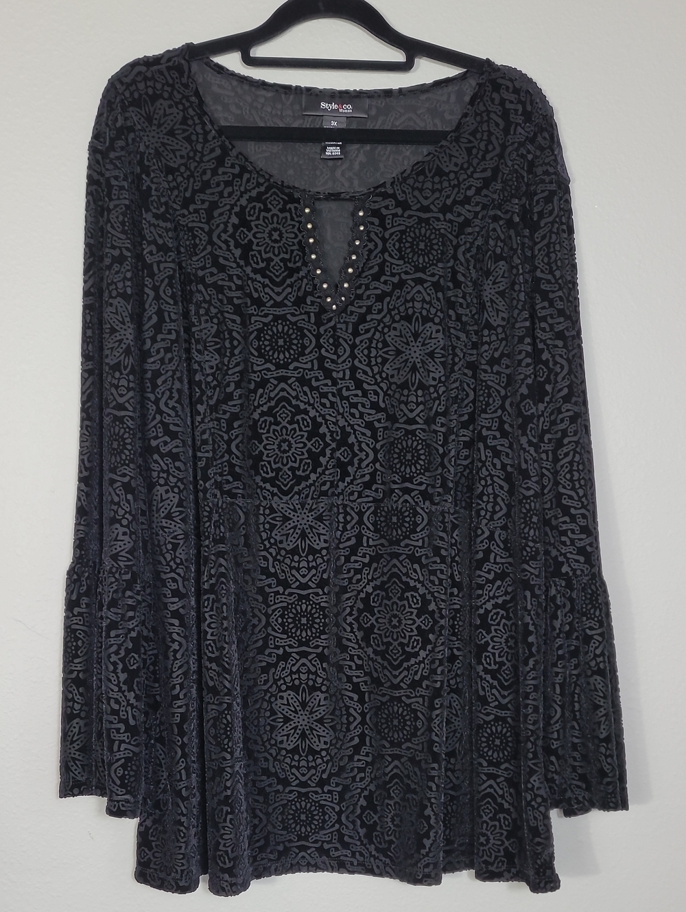 Vintage Style&Co Velvet Burnout Bell Sleeve Top Size 3X Black Whimsigoth Witchy